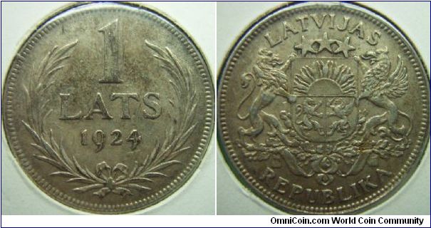 Latvia 1924 1 lats. A nice coin. XF-