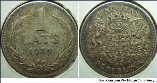 Latvia 1924 1 lats. Weak XF.