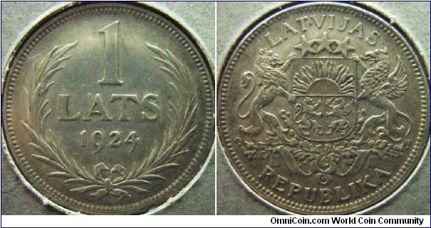 Latvia 1924 1 lats. Nice XF coin.