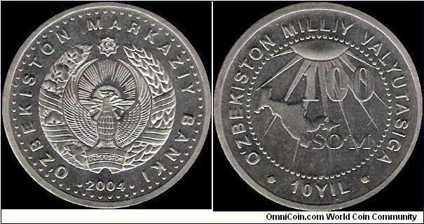 100 Sum 2004, 10th anniversary of the Uzbekistani Sum II (test version without nickel plating)