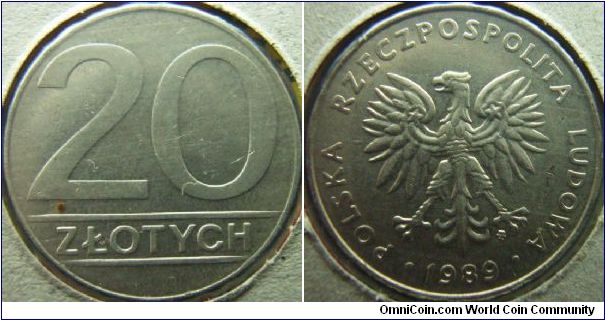 Poland 1989 20 zlots. A smaller version of the earlier generation of 20 zlots. Somewhat aUNC.