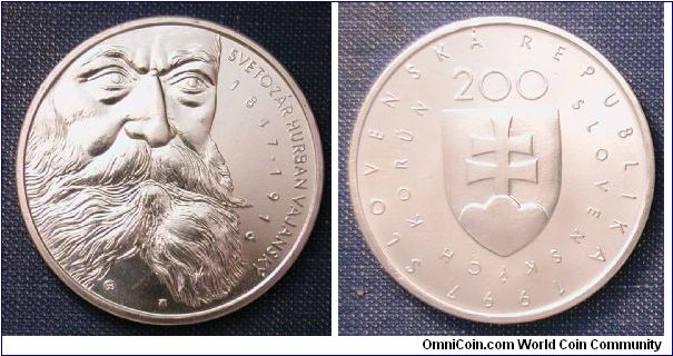 1997 Slovakia 200 Korun, 150th Anniversary of the Birth of Svetozar Hurban Vajansky. .750 Silver, 20g, 34mm, Mintage 17,400.