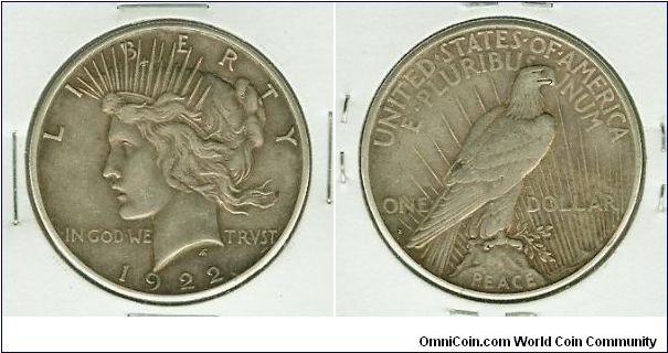 Very nicely toned 1922s Peace Dollar.