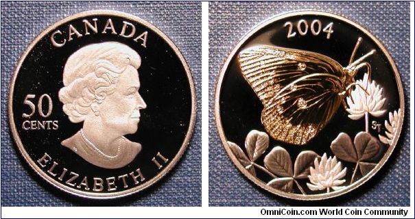 2004 Canada 50 Cents Proof, Cloouded Sulphur Butterfly, .925 Silver, 9.3g, 27mm, mintage 20,000.