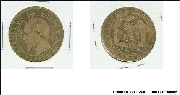 VERY SCARCE 1855 D NAPOLEON III EMPEREUR, CINQ CENTIMES.