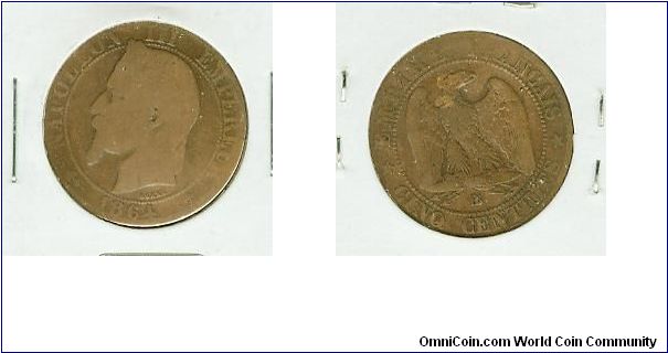 RARE!!! 1864 NAPOLEON III EMPEREUR, CINQ CENTIMES, WITH A DOUBLE MINTMARK THAT MAY BE INVERTED!!