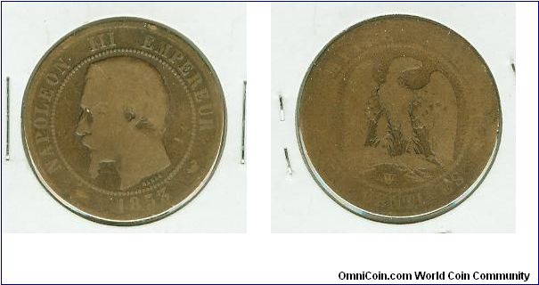 SCARCE 1853 DIEZ CENTIMES WITH A W MINTMARK.