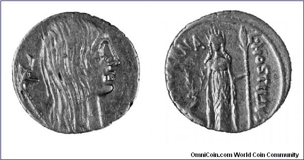 Silver denarius. Head of Celtic female, Gallia, on the obverse. Artemis and stag on the reverse. L. Hostilivs Saserna, Rome.
