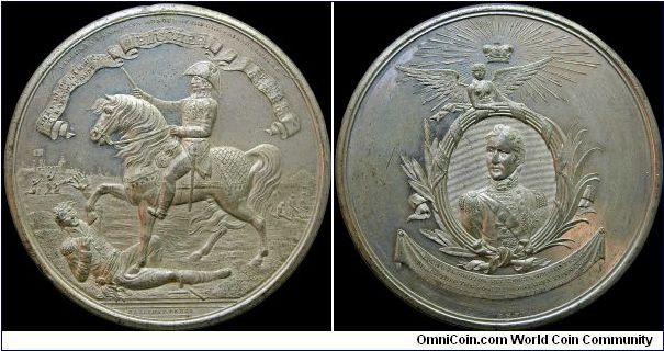 Blücher et Wellington, Great Britain.

Isn't this a superb medal? It tries to do something for everyone, and very nearly succeeds in doing it.

It contains an interesting error though, one that might have been expected to be caught by contemporaries. Davoust (Davout) was bald and you can see that he apparently has donned a toupee for the honor of having his crotch crushed by Blücher's horse. He was known for wearing the wire spectacles that you can see.                                       