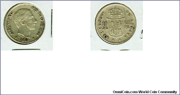 Spain-Philippines Ten cs de Peso Alfonso XII.
