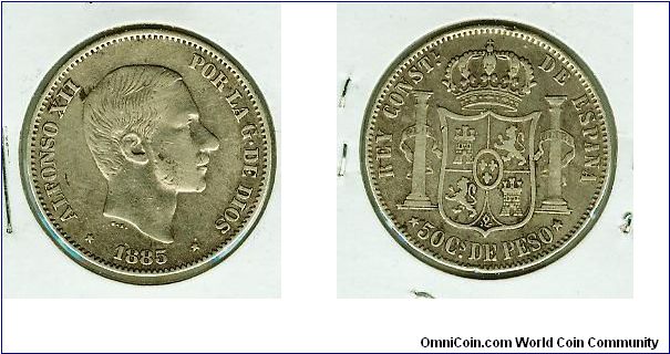 SPAIN-PHILIPPINES ALFONSO XII 50 cs de PESO. NICE DETAILS. NICE CLEAR PLUS/ULTRA ON THE REVERSE.