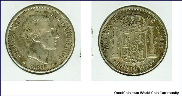 SCARCE AND VALUABLE SPAIN-PHILIPPINES 1881 50 cs de PESO.