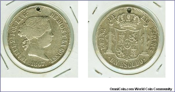ANOTHER BEAUTIFUL AND SCARCE COIN WITH AN IDIOT HOLE IN IT! THIS IS A VERY SCARCE 1867 ISABEL 2 50 cs de PESO.&%$#%$#@