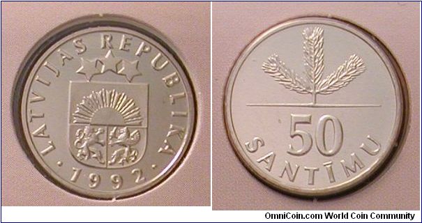 1992 Latvia 50 Santimu from Mint set.