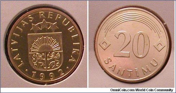1992 Latvia 20 Santimu from Mint Set.