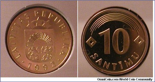 1992 Latvia 10 Santimu from Mint set.