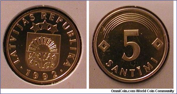 1992 Latvia 5 Santimi from Mint Set.