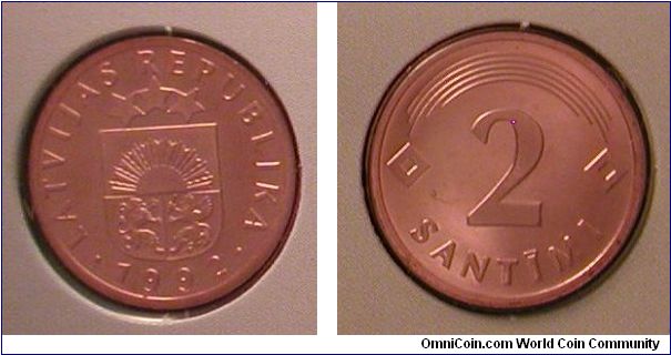 1992 Latvia 2 Santimi from Mint set.