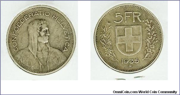 Nice 1935B Swiss Helvetia 5 Fr.