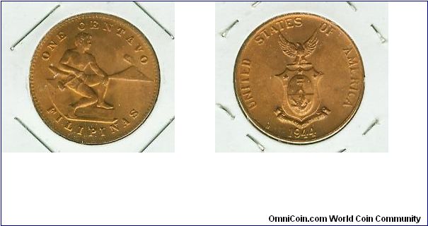 US-PHILIPPINES FIREY RED/BROWN ONE CENTAVO 1944s. AUNC. I HAVE AROUND 10 PCS LIKE THIS AVAILABLE FOR SALE/TRADE.VERY LIGHT/NO CONTACT MARKS ONLY!