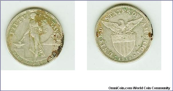 US-PHILIPPINES 1919s FIFTY CENTAVOS. NICER THAN THE SCANS SHOW!