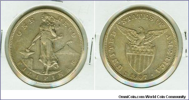 US-PHILIPPINES ONE SILVER 1907s PESO. I HAVE AROUND 30 OF THESE. THESE ARE AMERICAN COINS!
