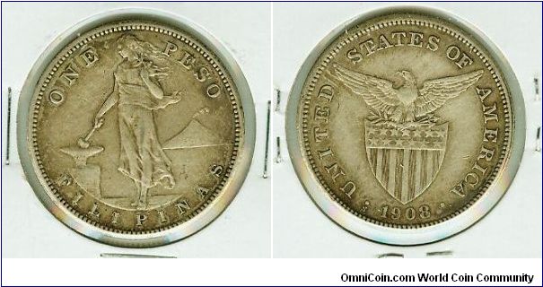 US-PHILIPPINES 1908s SILVER PESO. AN ALL-AMERICAN COIN!