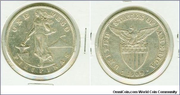 US-PHILIPPINE 1909s SILVER PESO WITH MIRRORED, PROOF-LIKE FIELDS. WAS PROBABLY POLISHED, BUT BEAUTIFUL!