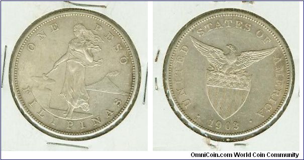US-PHILIPPINES 1903s SILVER CROWN PESO. LOVELY DETAILS WITH SOME LUSTRE REMAINING! I HAVE A FEW AVAILABLE.