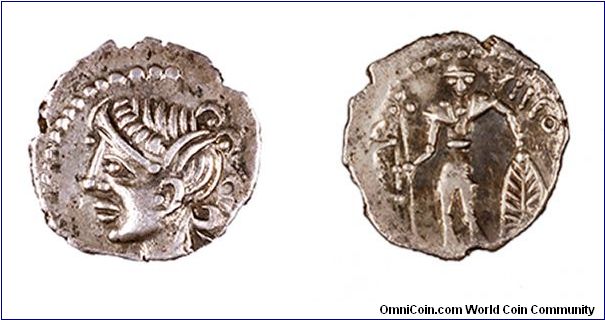 Pictones Tribe. Quinarius. Obv: Diademed female bust left.
Rev: Standing, facing warrior with a boar standard in the right hand and an oblong shield in the left hand. The legend VIIPO [TAL] in the upper right corner.
60 - 50 BC