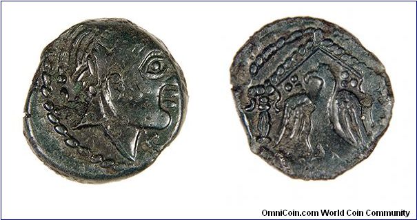 Bronze coin of the Carnutes region. PIXTILOS Class VIII with Eagle and Temple reverse.