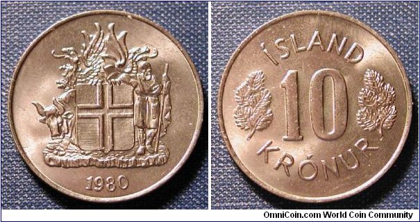 1980 Iceland 10 Kronur from Mint Set.