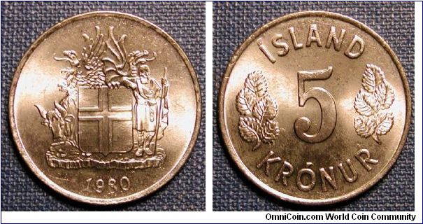 1980 Iceland 5 Kronur from Mint Set.