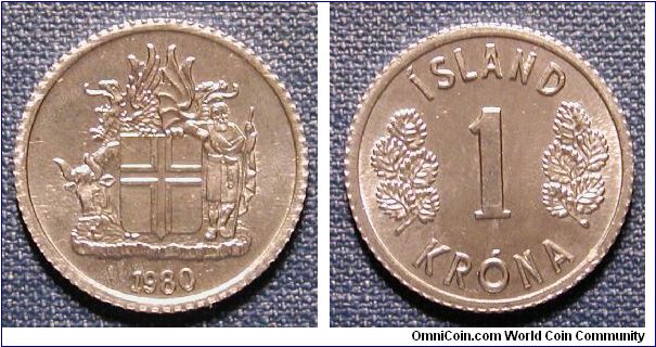1980 Iceland 1 Krona from Mint Set.