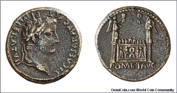 Tiberius, As. Obv: Bust of Tiberius facing right. TI CAESAR AVGVST F IMPERAT VII
Rev: Altar of Lugdunum. ROM ET AVG