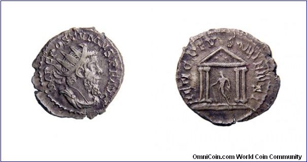 Postumus, denarius. Obv: Bust of Postumus facing right. IMP C POSTVMVS PF AVG
Rev: Hercules in a temple of four columns. HERC DEVSONIENSI