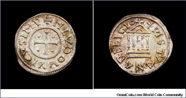 An obol of Louis the Pious. Obv: Cross with pellets in each quadrant. +HLVDOVVICVS IMP
Rev: Hexastyle temple. XPISTIANA RELIGIO