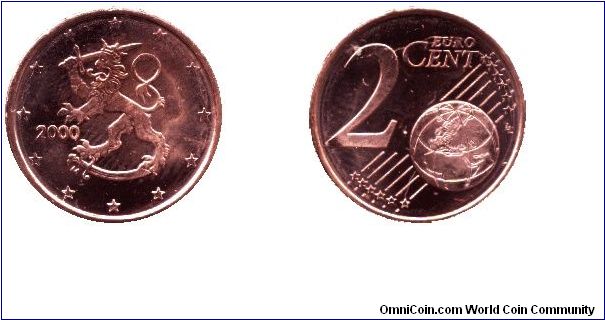 Finland, 2 cent, 2000, Cu-Steel.                                                                                                                                                                                                                                                                                                                                                                                                                                                                                    