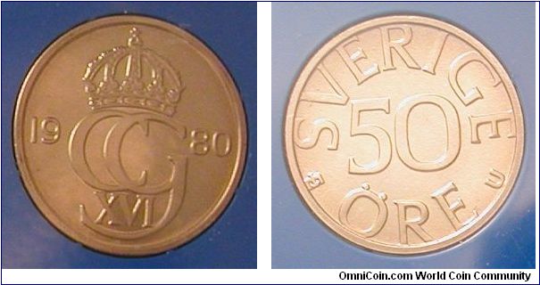 1980 Sweden 50 Ore from mint set.
