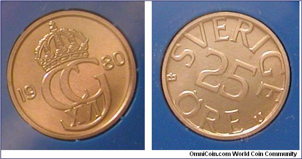 1980 Sweden 25 Ore from mint set.