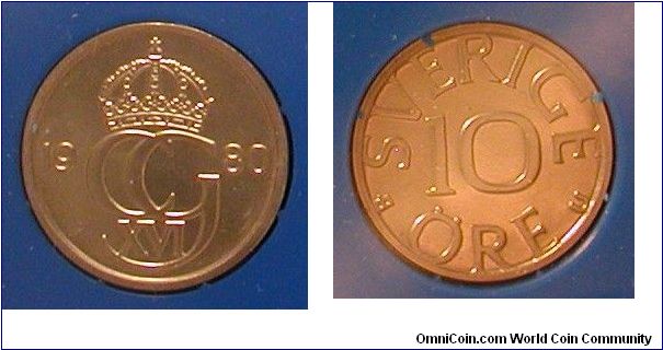 1980 Sweden 10 Ore from mint set.