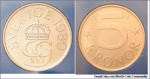 1980 Sweden 5 Kronor from mint set.