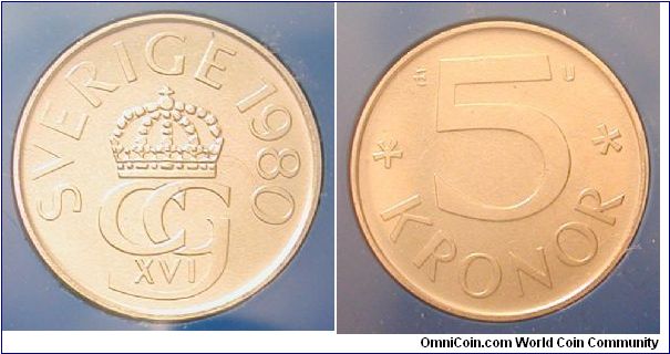 1980 Sweden 5 Kronor from mint set.