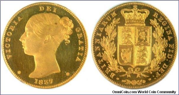 Proof Sovereign PF64. Victoria Young Head; shield reverse. Plain edge. WW incuse; tiny roses to sides of date. The reverse shield by Merlen. R6, extremely rare (only 3 to 5 known). One of only a few coins of Victoria's reign bearing this date.