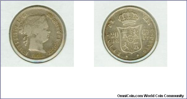 SPAIN-PHILIPPINES ISABEL 2 1868 20cs de Peso.