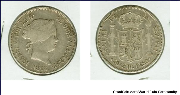 SPAIN-PHILIPPINES ISABEL II 50 cs de PESO.