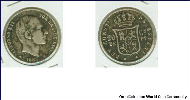 SPAIN-PHILIPPINES SCARCE SEMI-KEY ALFONSO XII 20 cs de Peso.