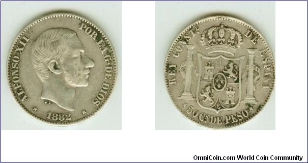 SPAIN-PHILIPPINES ALFONSO XII 50 cs de Peso. SCARCE SEMI-KEY.