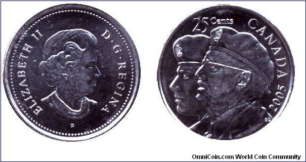 Canada, 25 cents, Ni, Queen Elzabeth II, Veterans.                                                                                                                                                                                                                                                                                                                                                                                                                                                                  