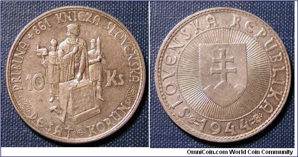 1944 Slovakia 10 Korun, 7g, .500 silver, Prince Pribina Standing flanked by bishop ith church building and knight.